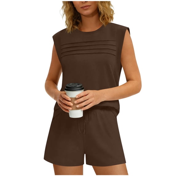 RYDCOT Women 2 Piece Outfits Workout Sets Summer Matching Lounge Set Pleated Crew Neck Tunic Tops and Biker Short Sets Coffee