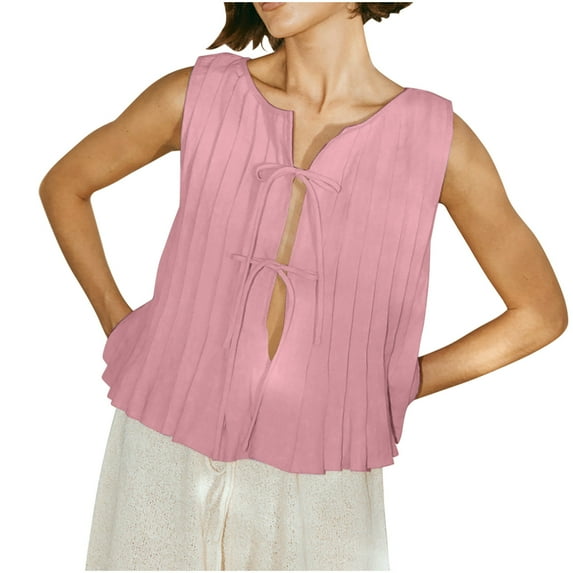 RYDCOT Women Bow Tie Front Tank Top Pleated Peplum Blouse Y2k Babydoll Ruffle Shirt Sleeveless Tops Summer Beach Vacation Outfits Flash Deals Pink