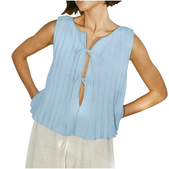 RYDCOT Women Bow Tie Front Tank Top Pleated Peplum Blouse Y2k Babydoll Ruffle Shirt Sleeveless Tops Summer Beach Vacation Outfits Flash Deals Sky Blue