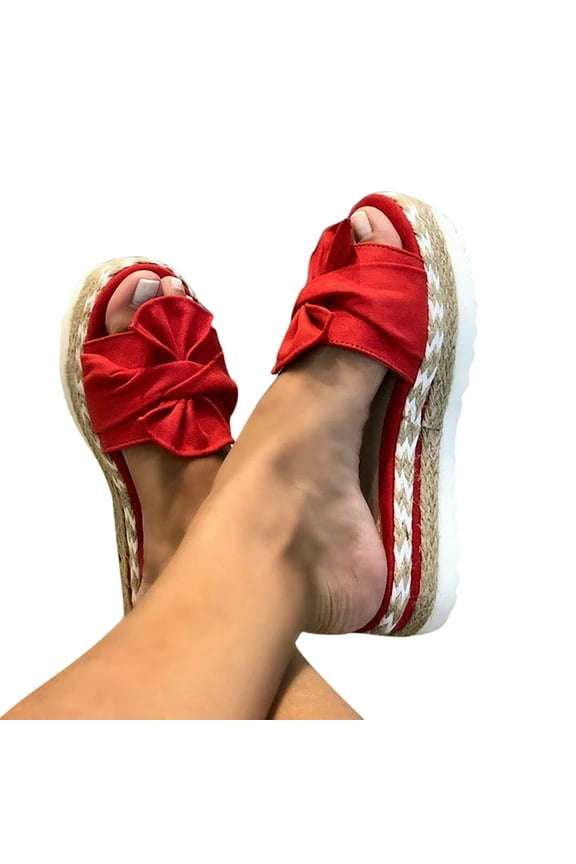 RYDCOT Women Bowknot Beach Summer Slippers Platform Slope Heels Plus Size Shoes Red 37