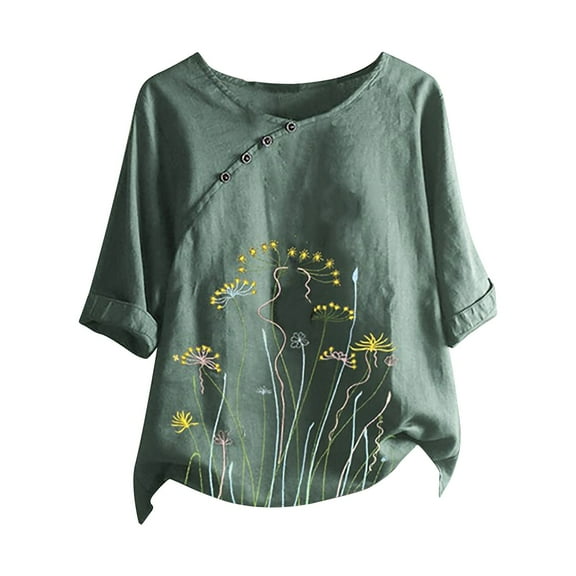 RYDCOT Women Casual Plus Size O-Neck Print Loose Button Tunic Shirt Blouse Tops