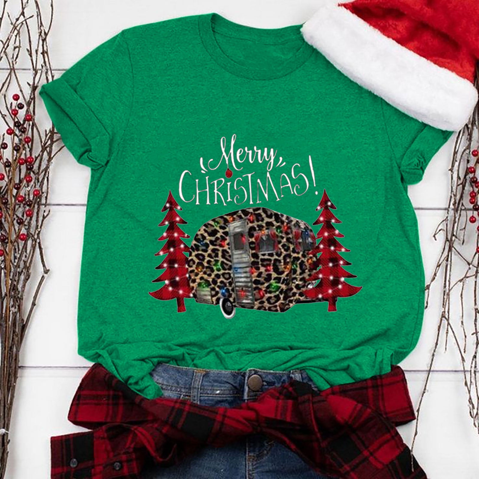 RYDCOT Women Christmas Tops 2023 Round Neck TShirt Merry Christmas