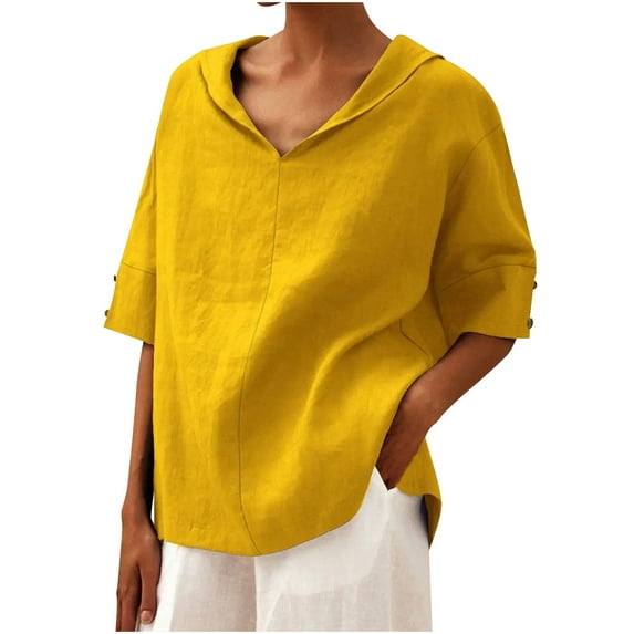RYDCOT Women Cotton Linen Tops Summer Solid Collared Short Sleeve Shirt Casual Loose Tops Blouses Lightweight Vacation Clothes Outfits Yellow