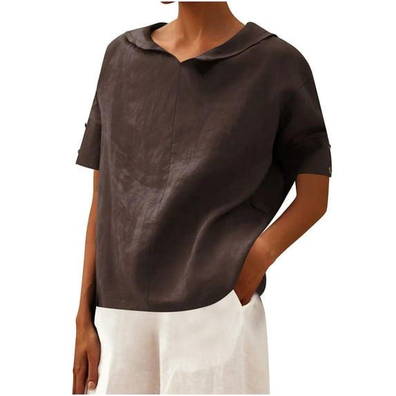RYDCOT Women Cotton Linen Tops Summer Solid Collared Short Sleeve Shirt Casual Loose Tops Blouses Lightweight Vacation Clothes Outfits Sales Brown