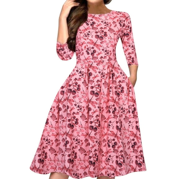 RYDCOT Women Elegent A-line Vintage Printing Party Vestidos Dress Pink L