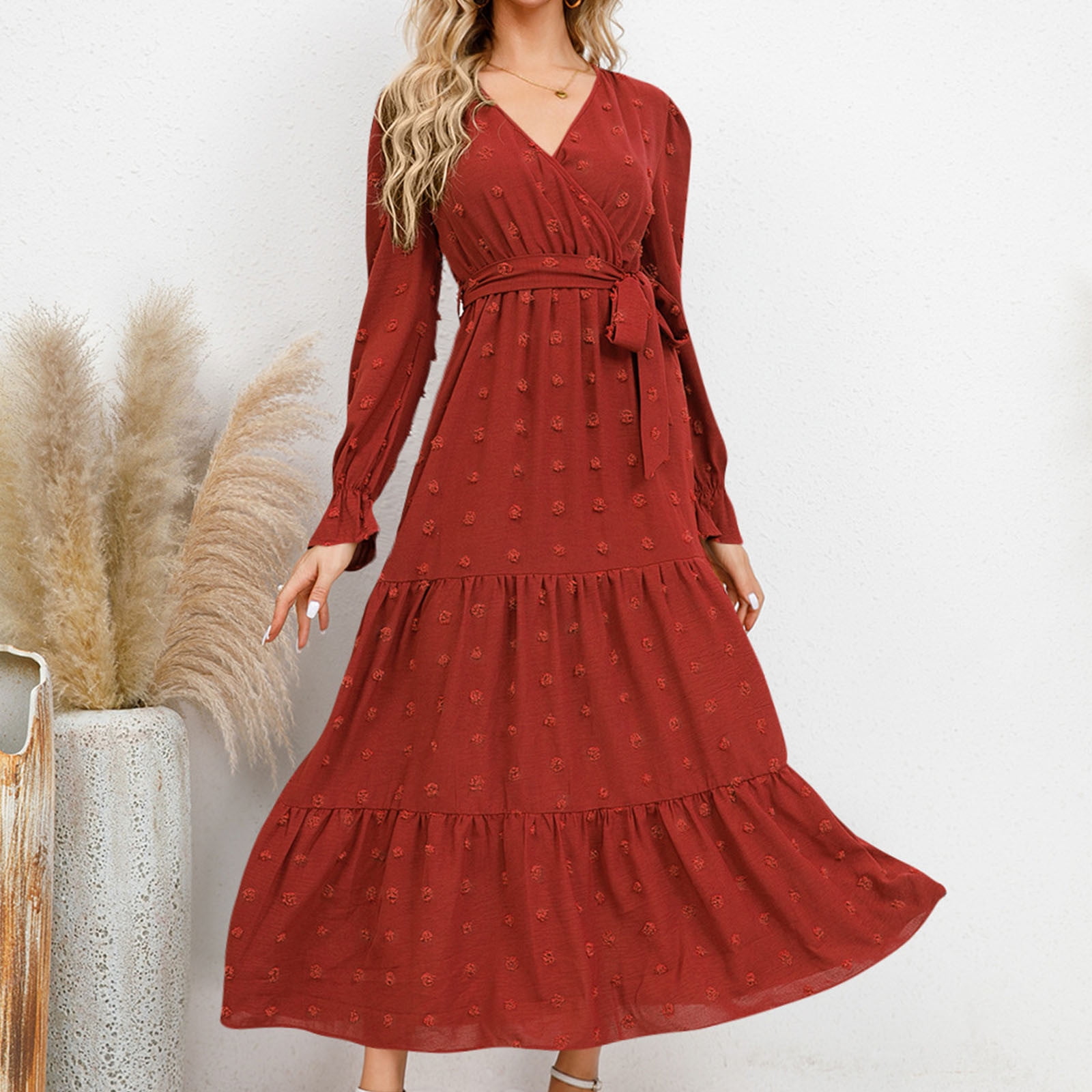 RYDCOT Women Fall Dresses 2023 Long Sleeve V Neck Swiss Dots Maxi Dress  Boho Long Dress High Waisted A-Line Ruffle Dress on Clearance Orange -  Walmart.com