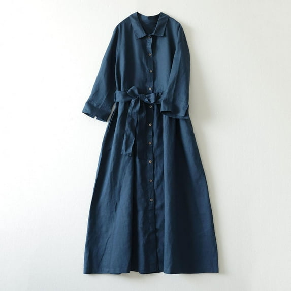 RYDCOT Women Half-Sleeve Cotton and Linen Long Dress Button Down Collar Casual Long Dress with Belt Beach Vacation Dresses Summer Womens Clothes Clearance Navy