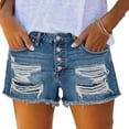 thumbnail image 1 of RYDCOT Women High Rise Ripped Stretchy Jeans Shorts Frayed Raw Hem Casual Denim Shorts Dark Blue, 1 of 5