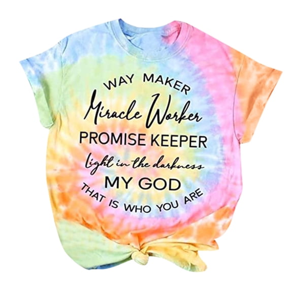 RYDCOT Women Letter Tie-dye Printed Fun Tees O Neck Summer Cute T-Shirts Blouse Tops Pink L