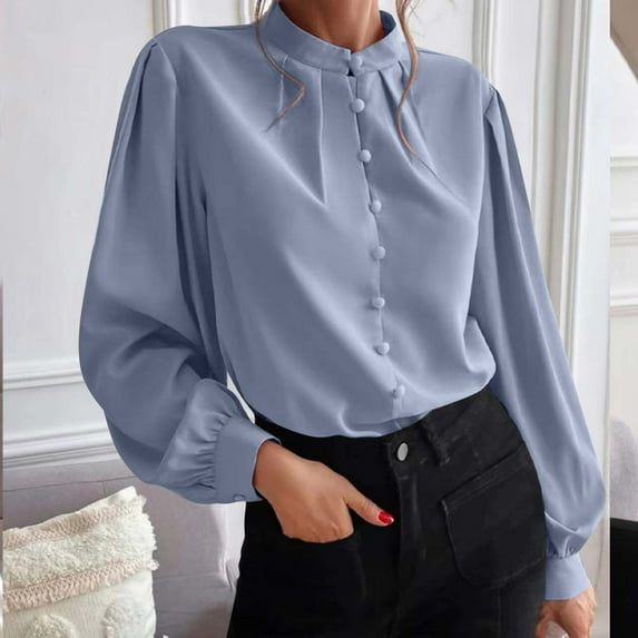 RYDCOT Women Long Sleeve Tops Dressy Casual Spring Fall Button-Down Shirts office Ladies Blouses and Tops Solid Color Elegant Tops for Women on Clearance