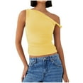 thumbnail image 1 of RYDCOT Women One Shoulder Ruched Crop Tank Tops Casual off the Shoulder Twist Strap Summer Tanks Tops Sleeveless Going Out Crop Shirts Yellow, 1 of 5