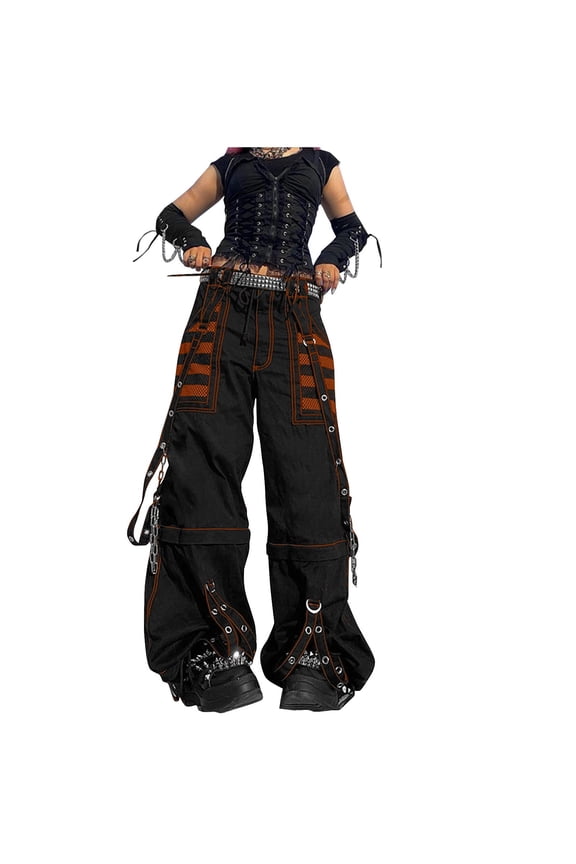 Women Pants Goth Punk Baggy Bell Bottom Jeans Wide Leg Harajuku Grunge Pants Hip Hop Clothes Orange