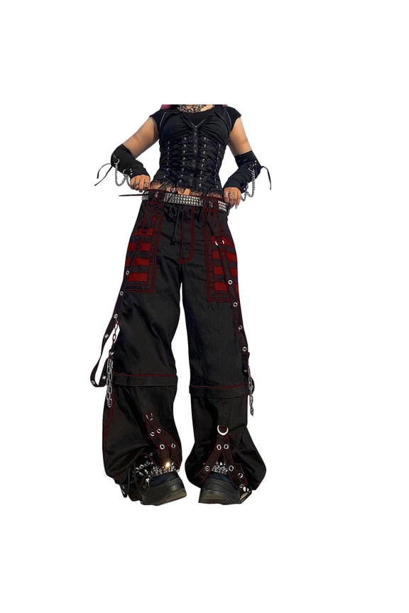 Women Pants Goth Punk Baggy Bell Bottom Jeans Wide Leg Harajuku Grunge Pants Hip Hop Clothes Red