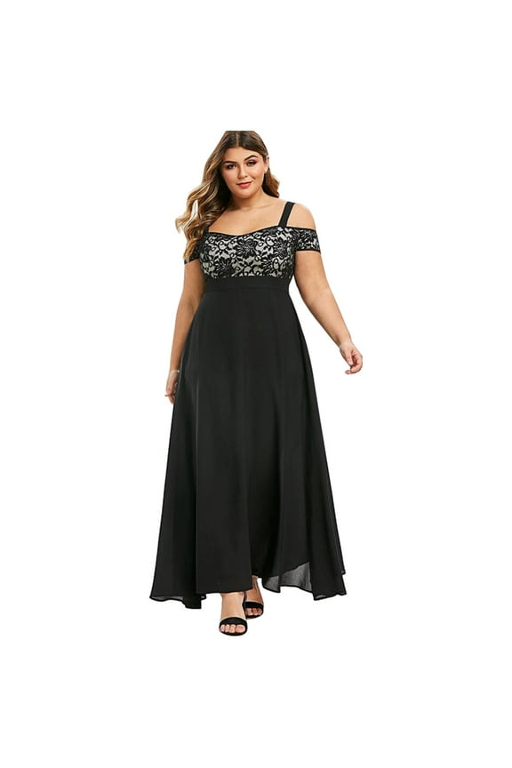 Women Plus Size Cold Shoulder Floral Lace Maxi Party Evening Camis Long Dress Black XL