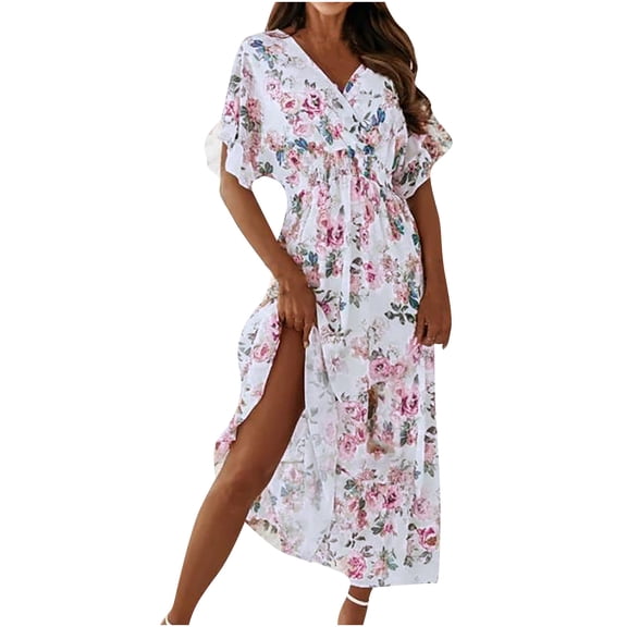 HWRETIE Women's Fashion Short Sleeve V Neck Flower Print Beach Leisure Long Dress,Casual Summer Wear