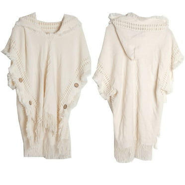 RYDCOT Women Pullover Poncho with Tassels Knitted Hooded Shawl Scarf Fringed Wrap Sweater Cape Knitwear Button Hooded Cape Shawl