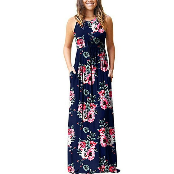 RYDCOT Women'S Sleeveless Pocket Casual Floral Print Beach Long Maxi Loose Dress