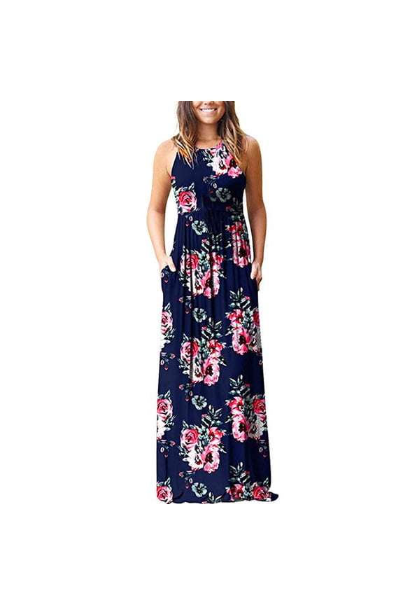 Women'S Sleeveless Pocket Casual Floral Print Beach Long Maxi Loose Dress
