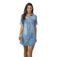 thumbnail image 1 of RYDCOT Women Short Sleeve Solid Denim Dress Turn Down Collar Mini Dress, 1 of 5