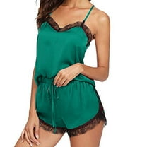 RYDCOT Women Sleepwear Sleeveless Strap Nightwear Lace Trim Satin Cami Top Pajama Sets