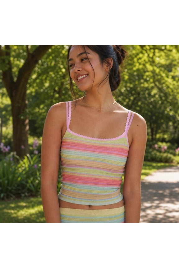 Women Sleeveless Striped Knit Camisole with Spaghetti Strap, Scoop Neck Slim Fit Sweater Tank Top Cute Summer Shirt