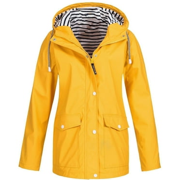 RYDCOT Women Solid Rain Jacket Outdoor Plus Size Waterproof Hooded Raincoat Windproof Yellow XXL