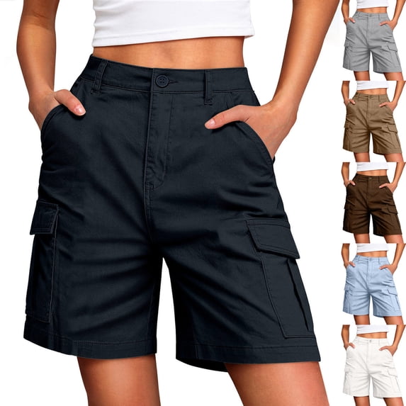 RYDCOT Women Stretchy Cargo Shorts Solid Color High Waisted Summer Casual Shorts with Pockets White