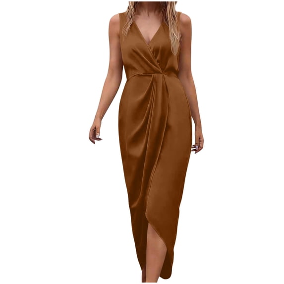 RYDCOT Women Summer Dress Casual Sleeveless Slimming Fit casual V Neck Slit Irregular Flowy Swing Long Dress Brown