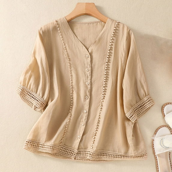 RYDCOT Women Summer Lace Crochet Short Sleeve Button-Down Shirts Solid Color V Neck Hollowing Out Tops Ladies Tops and Blouses Loose Fit Khaki