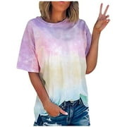 RYDCOT Women Summer Tie-Dye Short Sleeve Crew-Neck T-Shirt Casual Tee Tops（S-5XL） Pink XXXXL