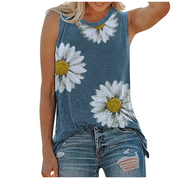 RYDCOT Women Summer Tops O-Neck Daisy Print Sleeveless Tank T-Shirt Graphic Blouse