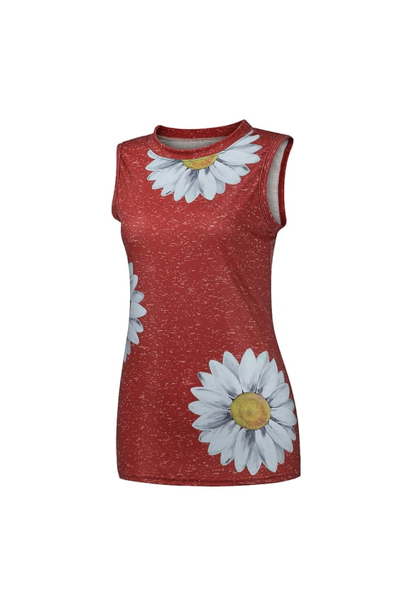 Women Summer Tops O-Neck Daisy Print Sleeveless Tank T-Shirt Graphic Blouse
