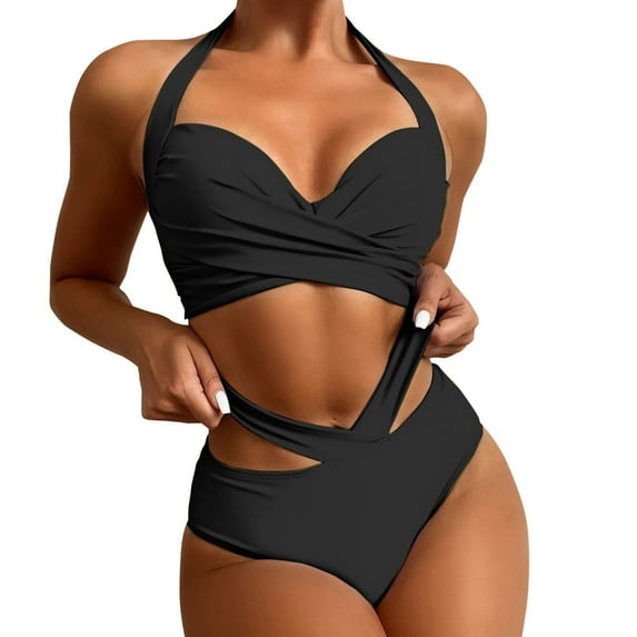 RYDCOT Women Two Piece Bathing Suits Crisscross Wrap Push Up Bikini Set Halter Swimsuit Print Vintage Swimwear High Waisted Beachwear Outfits Sale