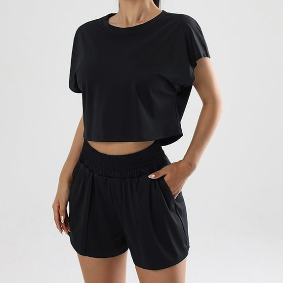 RYDCOT Women Two Piece Shorts Set Summer Lounge Sets T-Shirt & Shorts Tracksuits Outfits with Pockets Quick Drying Fitness Exercise Yoga Set Black