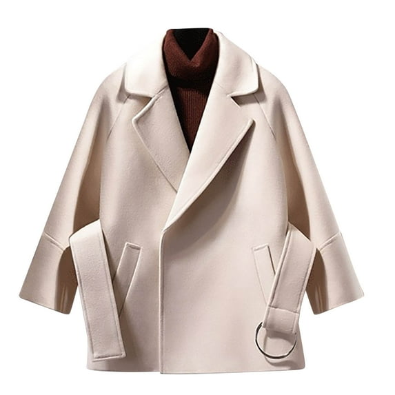 RYDCOT Women Warm Pea Coat Notched Lapel Neck Wool Blend Coat Trench Overcoat Open Front Warm Jackets with Pockets Outwear with Belt Sale