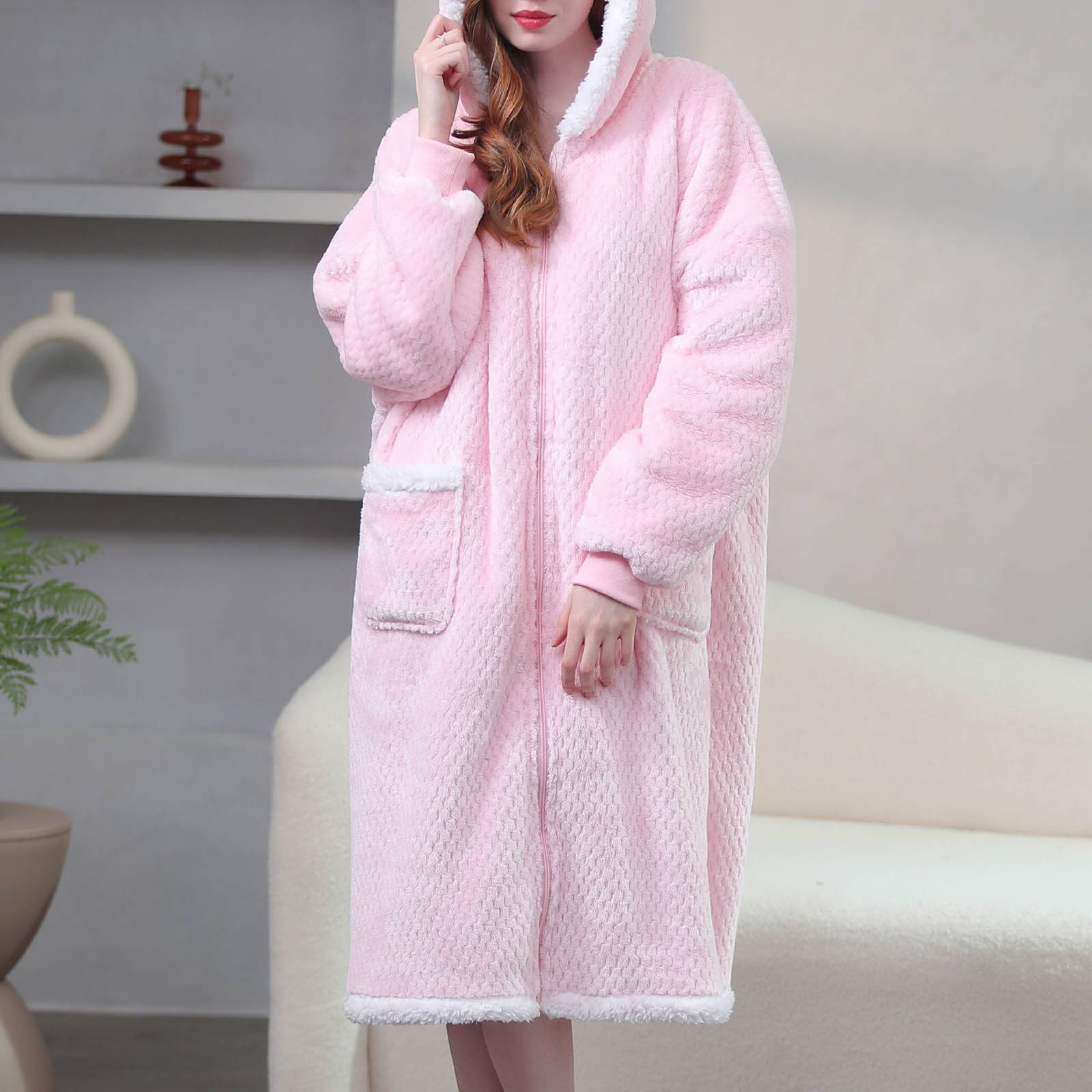 RYDCOT Women Winter Pajama Robes Zipper Bathrobes Ladies Hooded Plush Fleece Warm Sleepwear Long