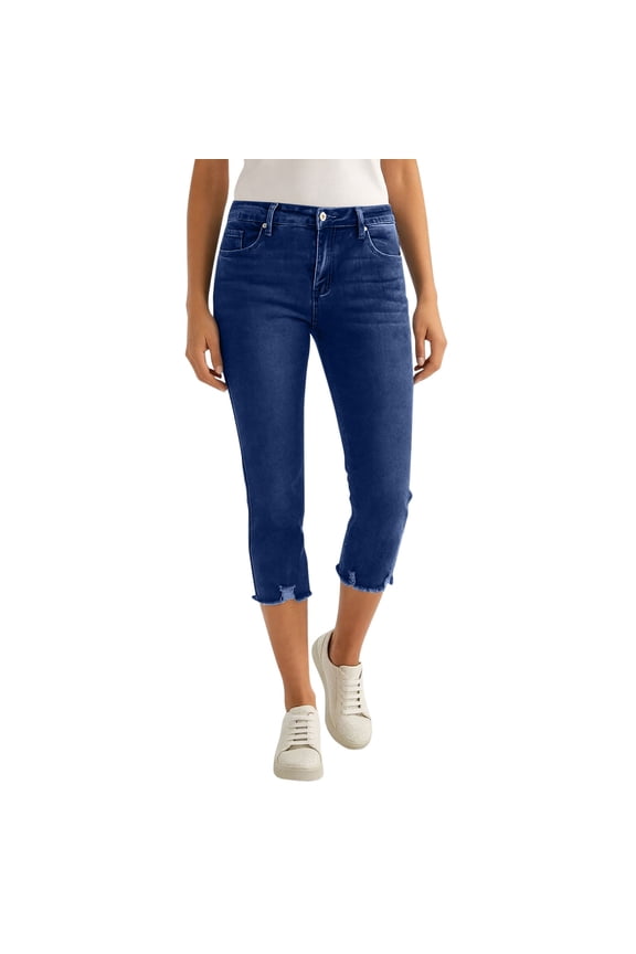 Women's Capri Pants Mid Rise Skinny Ripped Stretchy Cropped Distressed Jeans Dark Blue