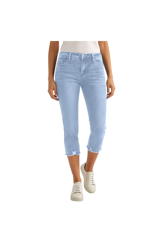 Women's Capri Pants Mid Rise Skinny Ripped Stretchy Cropped Distressed Jeans Light Blue