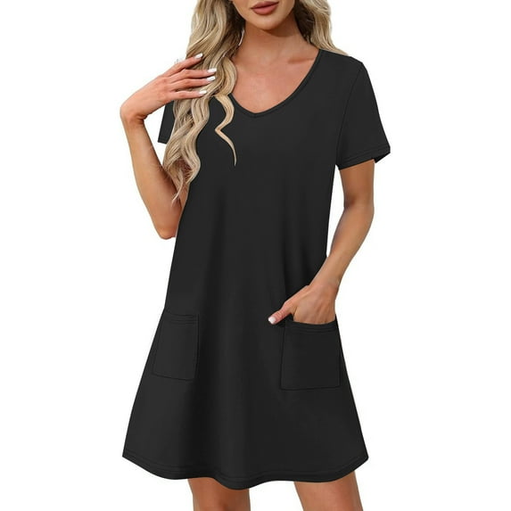 RYDCOT Women's Casual Dreesses 2025 Summer Short Sleeve V Neck Midi Dress Solid Color T Shirts Dress with Pockets Beach Vacation Swimsuit Coverup 2025&nbsp;Clearance Black