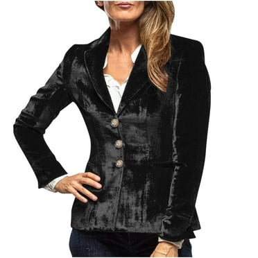 RYDCOT Women's Casual Velvet Blazer Jacket Vintage Button Front Notched Lapel Jacket Long Sleeve Open Front Cardigan Coat with Pockets Outerwear Clearance