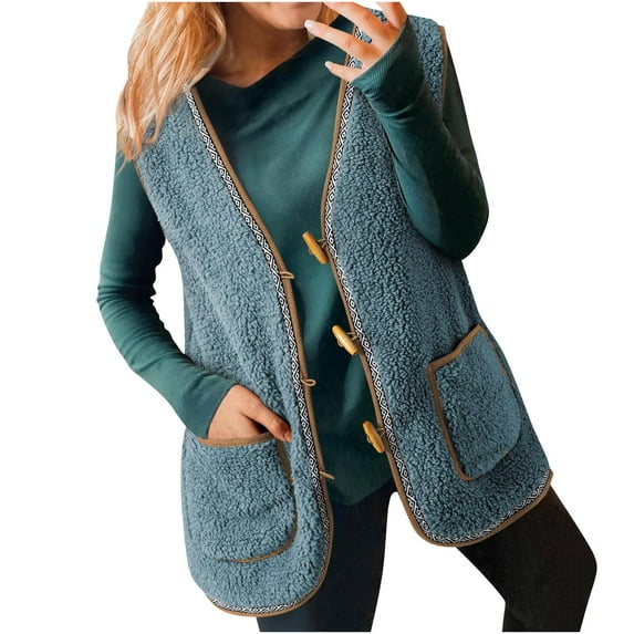RYDCOT Women's Casual Winter Fuzzy Fleece Vest Warm Open Front Button Down Sherpa Cozy Sleeveless Cardigan Jackets Outerwear Vest with Pockets on Clearance