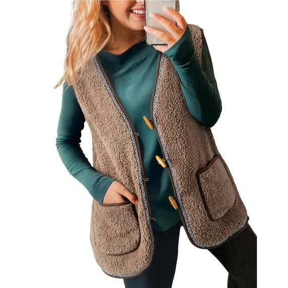 RYDCOT Women's Casual Winter Fuzzy Fleece Vest Warm Open Front Button Down Sherpa Cozy Sleeveless Cardigan Jackets Outerwear Vest with Pockets Sale