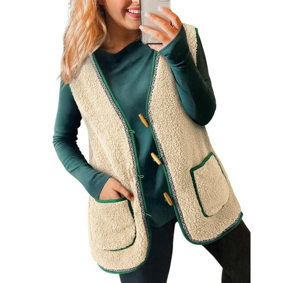 RYDCOT Women's Casual Winter Fuzzy Fleece Vest Warm Open Front Button Down Sherpa Cozy Sleeveless Cardigan Jackets Outerwear Vest with Pockets Sale or Clearance