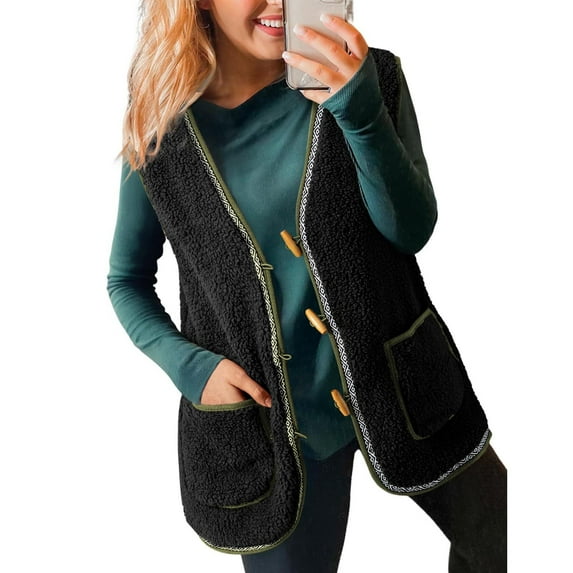 RYDCOT Women's Casual Winter Fuzzy Fleece Vest Warm Open Front Button Down Sherpa Cozy Sleeveless Cardigan Jackets Outerwear Vest with Pockets or Clearance