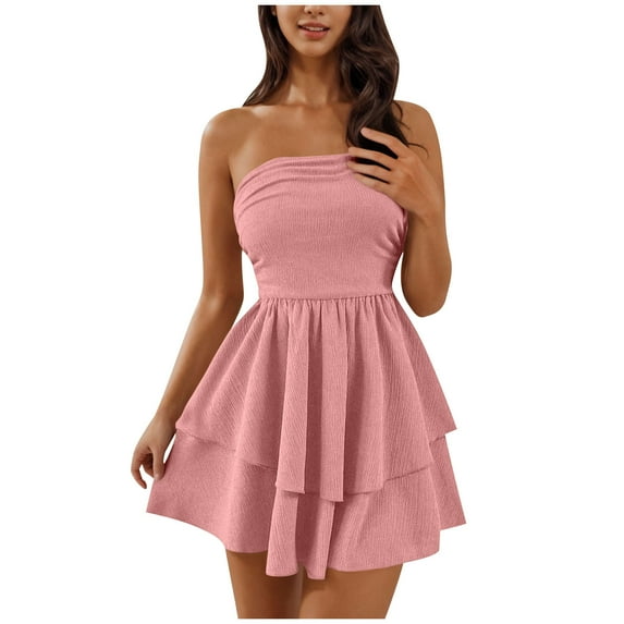 RYDCOT Women's Cocktail Dresses for Wedding Guest Strapless Tube Mini Dress off Shoulder Smocked Ruffle Flowy Short Party Club Dresses Pink