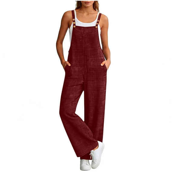 RYDCOT Women's Cotton Linen Jumpsuit Solid Color Sleeveless Button Front with Adjustable Straps & Pockets Wine