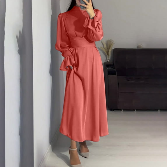 RYDCOT Women's Elegant Long Sleeve Satin Maxi Dress Lantern Sleeve Mock Neck Tie Waist Pleated Cocktail Party Ball Gown Evening Dresses Sale