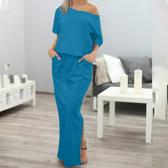 RYDCOT Women's Elegant formal Wedding Guest Dresses Short Sleeved One Shoulder Split Maxi Cocktail Dress with Pockets Sale Blue