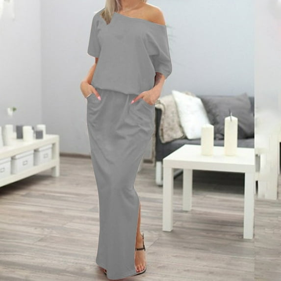 RYDCOT Women's Elegant formal Wedding Guest Dresses Short Sleeved One Shoulder Split Maxi Cocktail Dress with Pockets Sale Gray