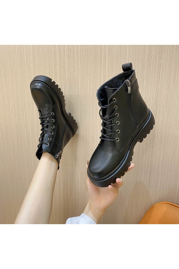 Women's Fashion Casual Ankle Boots Low Heels British Style Lace-up Plus Velvet Leather Bootie with Side Zipper Fall Winter Black